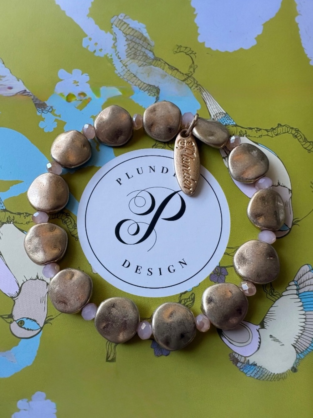 Gold Tone Bracelet with Pink Faceted Beads by Plunder Design
